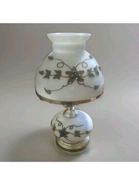 Vintage White Milk Glass Raised Brass Flower Hurricane Table Lamp ~ 3 Way Switch